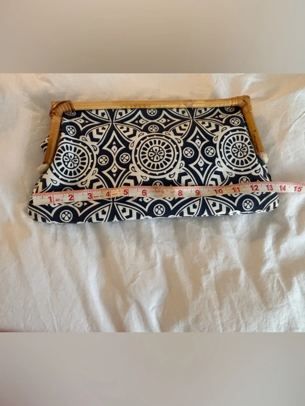 Navy and White Geometric Bamboo Frame Clutch - Picture 4 of 5